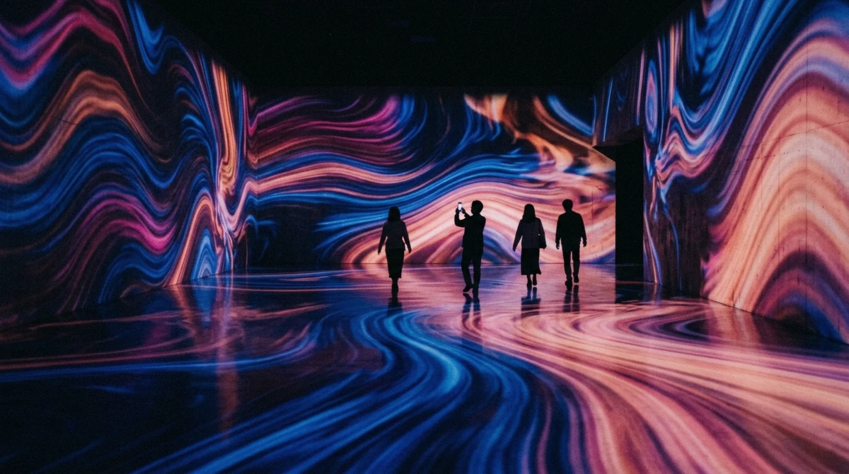 Visitors walking through a room of projected flowers and light at teamLab Borderless in the basement of Azabudai Hills Tokyo
