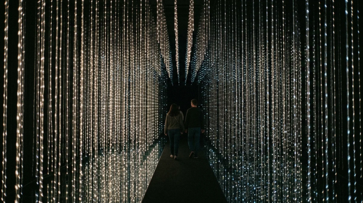 Visitors walking into a dense thicket of hanging lights at the teamLab Borderless digital art museum in Azabudai Hills, Tokyo
