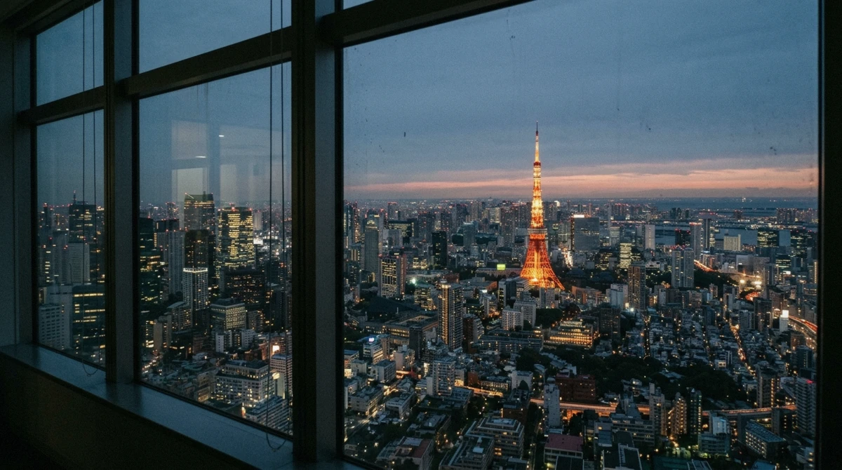 Tokyo Tower lit up at dusk seen at almost eye level from the 33rd floor Sky Lobby at Azabudai Hills Tokyo